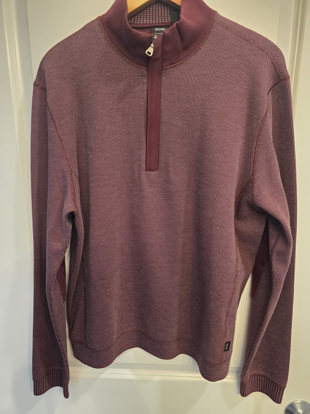 HUGO BOSS Men's 1/4 Zip Pullover Sweater Maroon XL - Elbow Patches